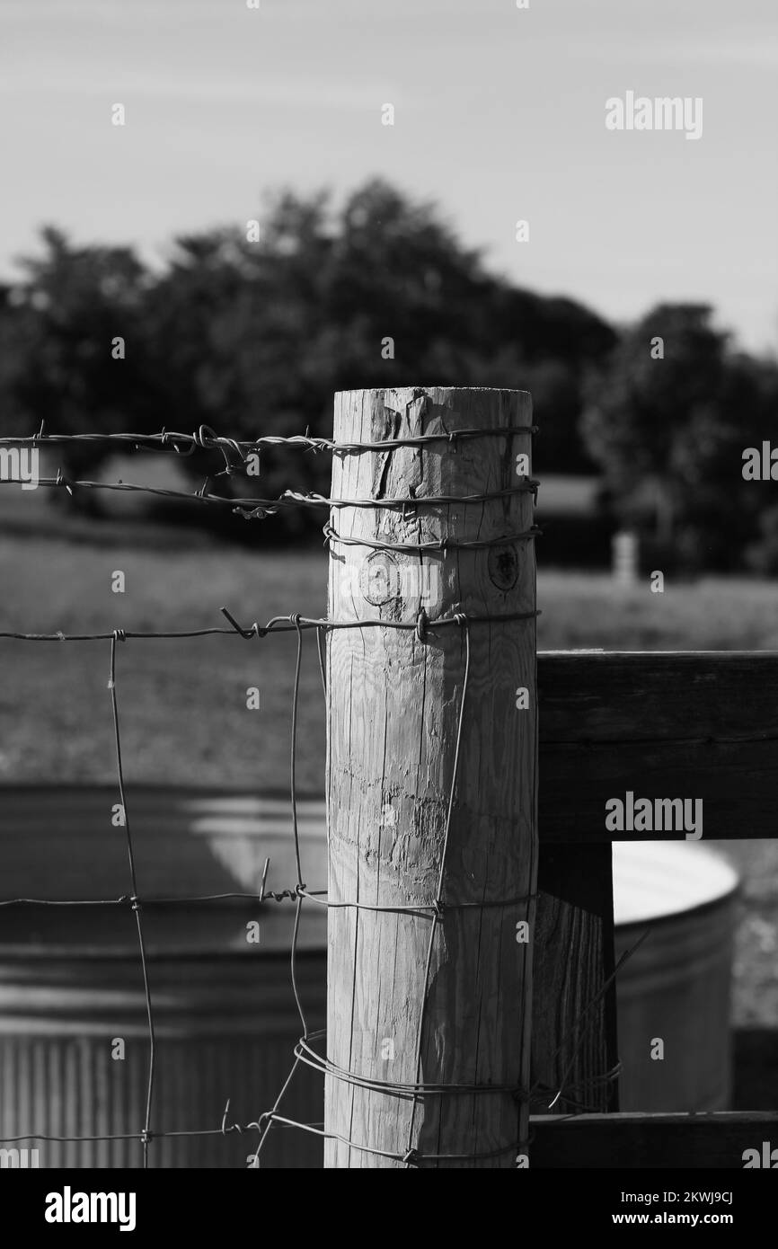 A traditional rural wooden fence post standing in the fields in a black