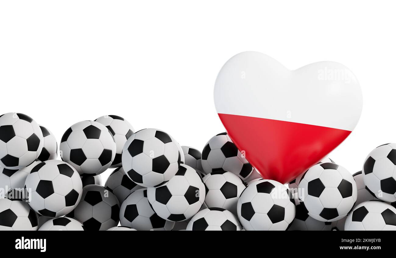 Poland flag heart with a soccer ball background. Football banner. 3D Rendering Stock Photo
