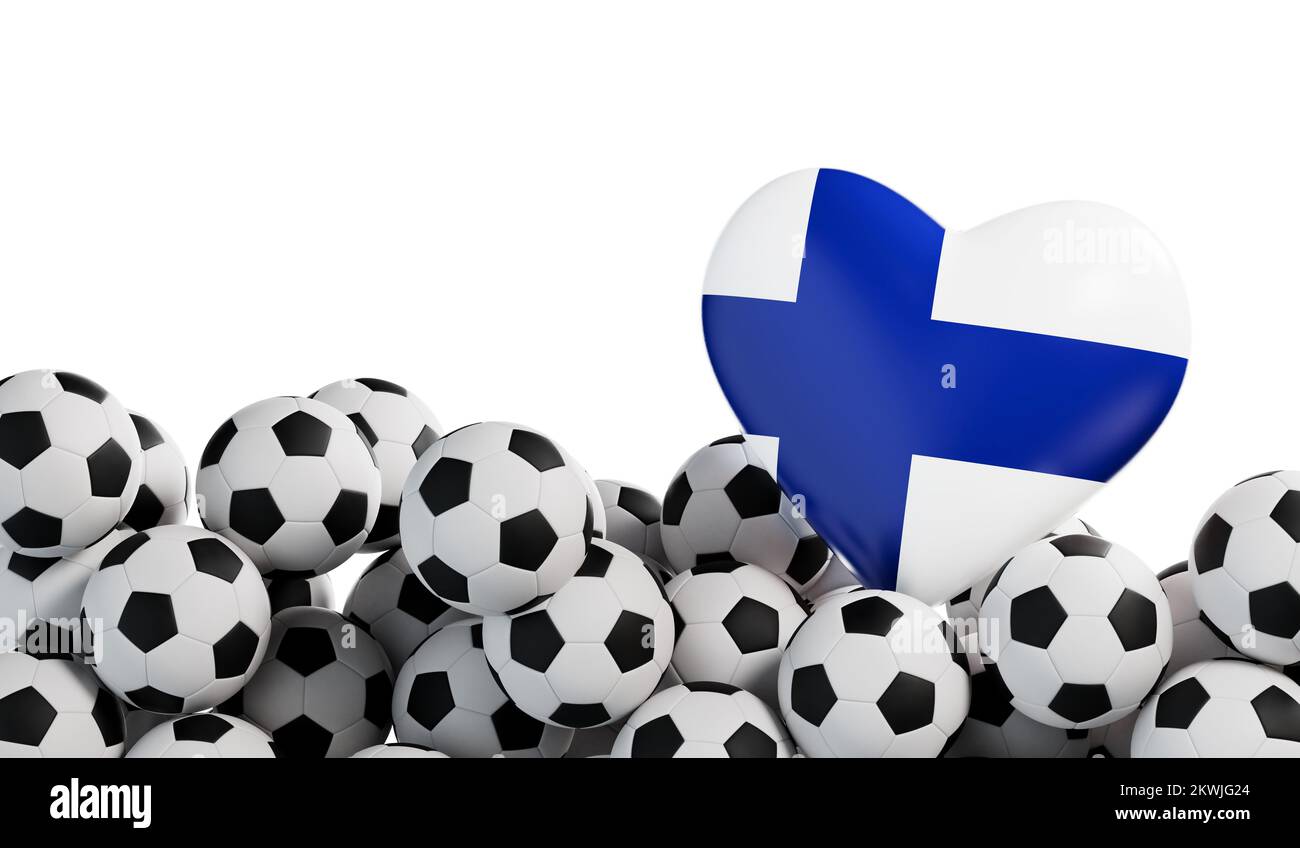 Finland flag heart with a soccer ball background. Football banner. 3D Rendering Stock Photo