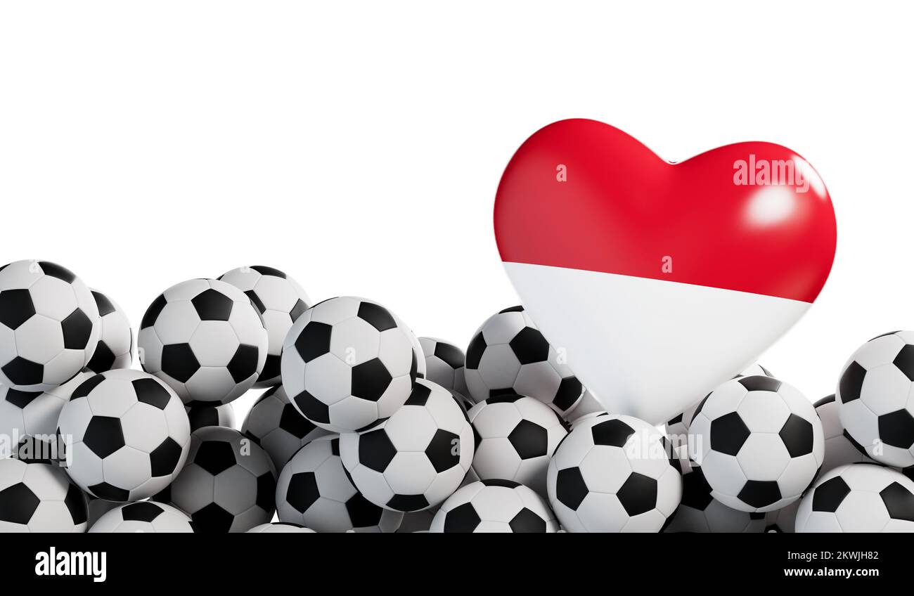 Indonesia flag heart with a soccer ball background. Football banner. 3D Rendering Stock Photo