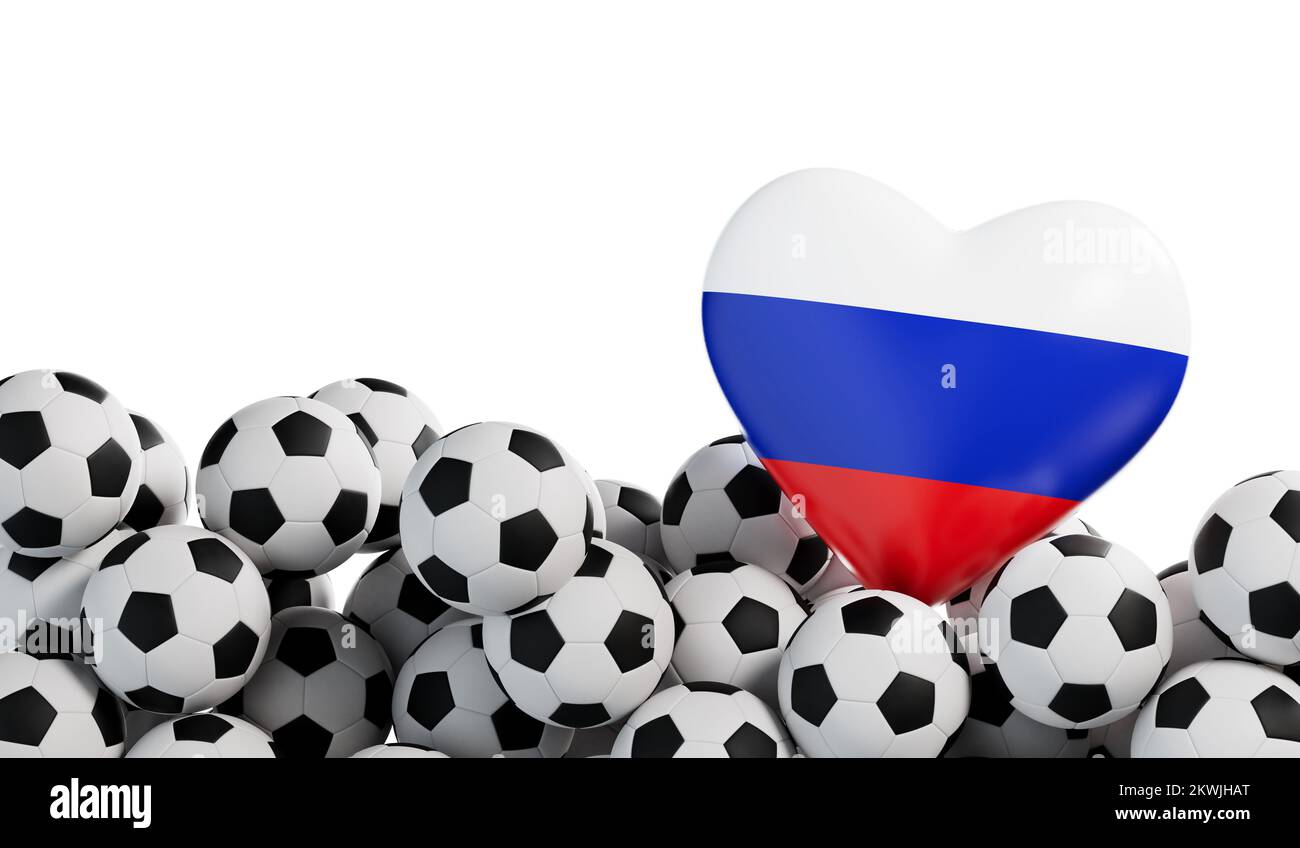 Russia flag heart with a soccer ball background. Football banner. 3D Rendering Stock Photo
