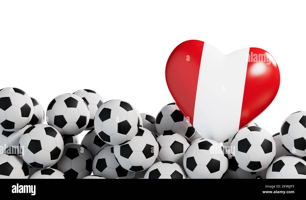 Peru flag heart with a soccer ball background. Football banner. 3D Rendering Stock Photo