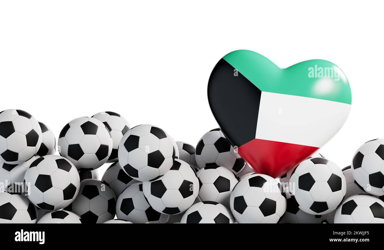 Kuwait flag heart with a soccer ball background. Football banner. 3D Rendering Stock Photo