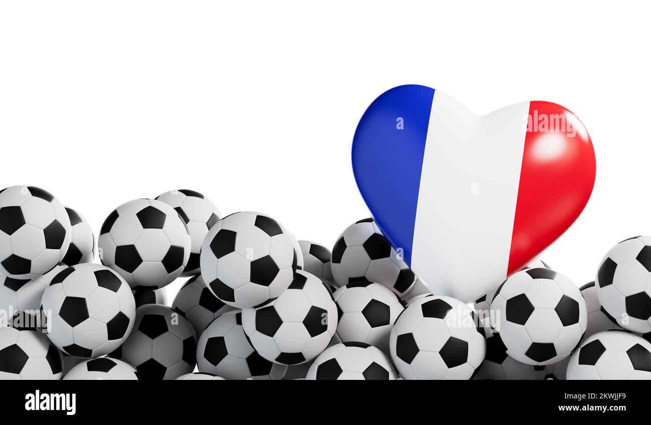 France flag heart with a soccer ball background. Football banner. 3D Rendering Stock Photo
