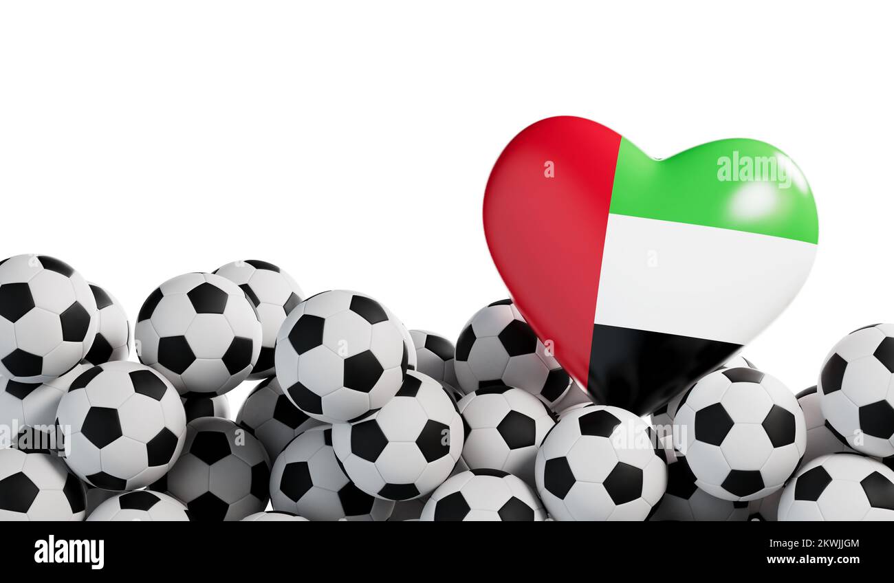 UAE flag heart with a soccer ball background. Football banner. 3D Rendering Stock Photo