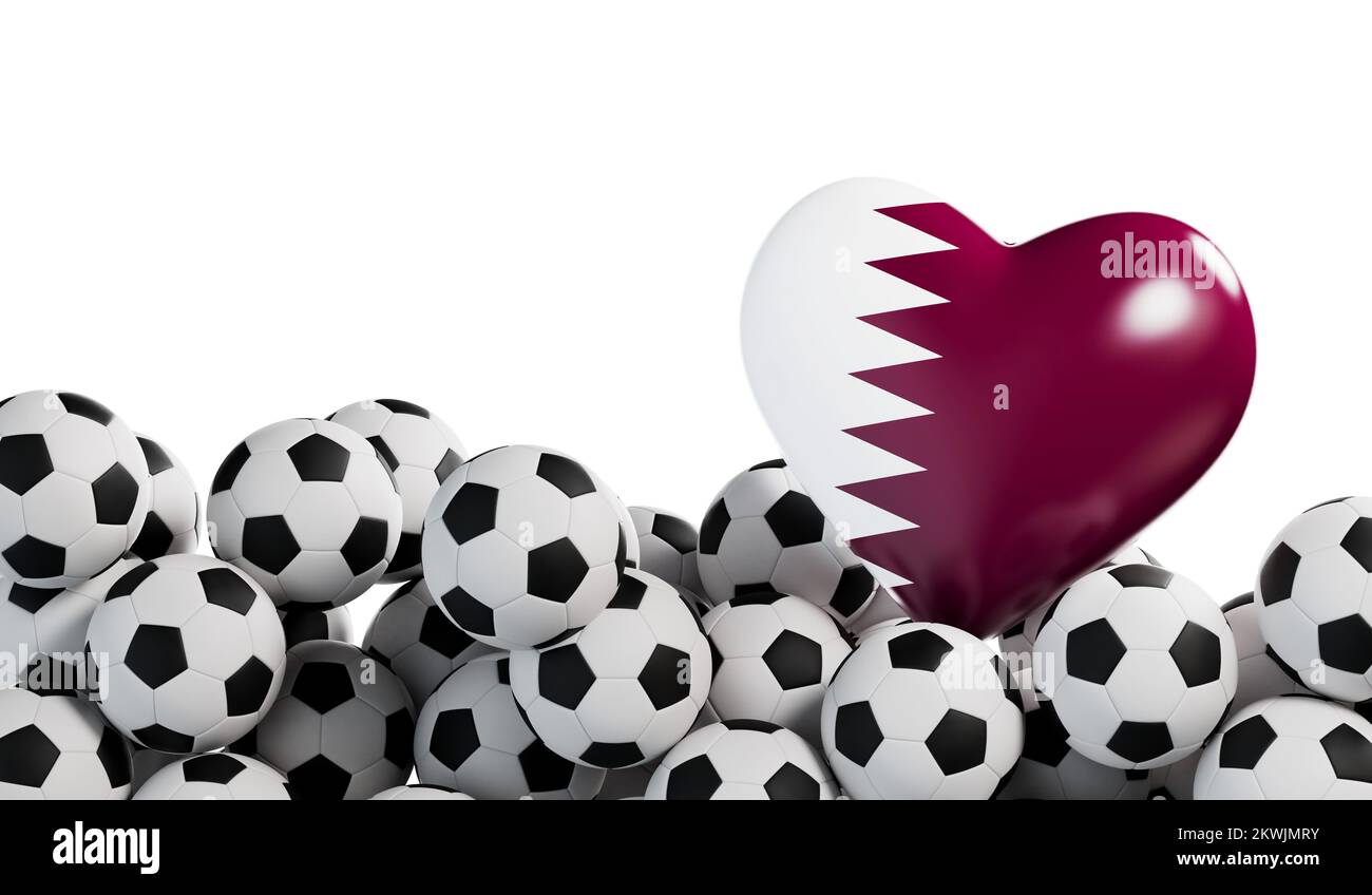 Qatar flag heart with a soccer ball background. Football banner. 3D Rendering Stock Photo