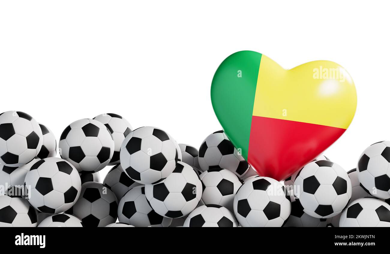 Benin flag heart with a soccer ball background. Football banner. 3D Rendering Stock Photo
