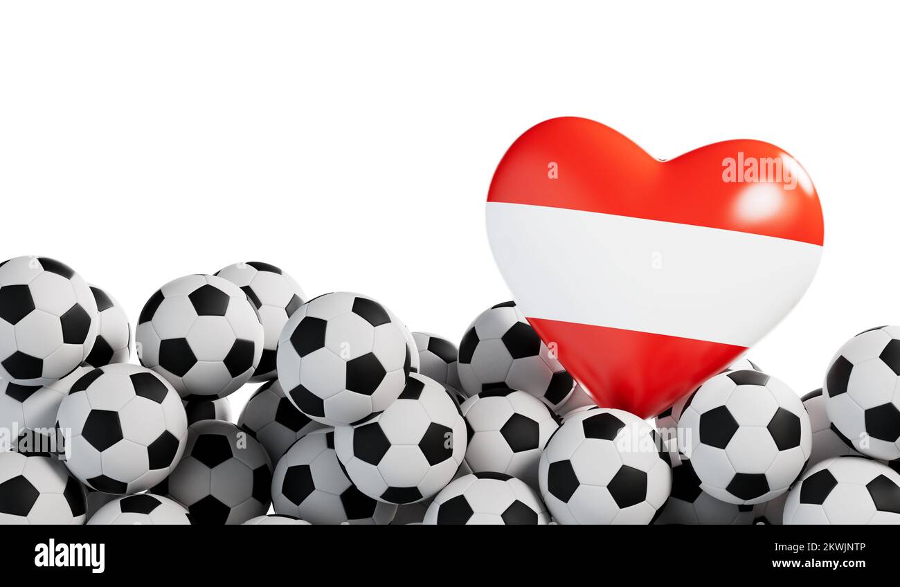 Austria flag heart with a soccer ball background. Football banner. 3D Rendering Stock Photo