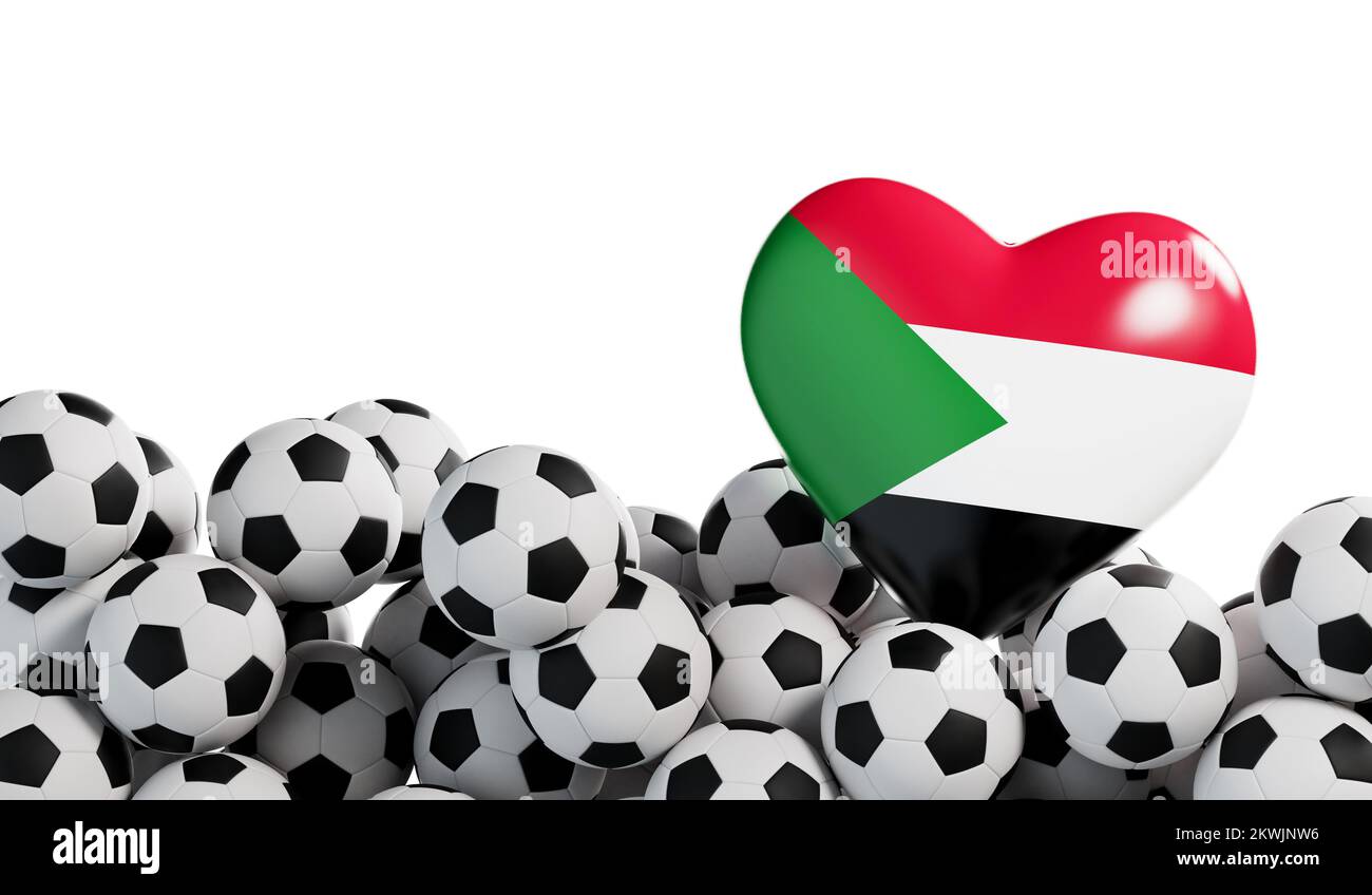 Sudan flag heart with a soccer ball background. Football banner. 3D Rendering Stock Photo
