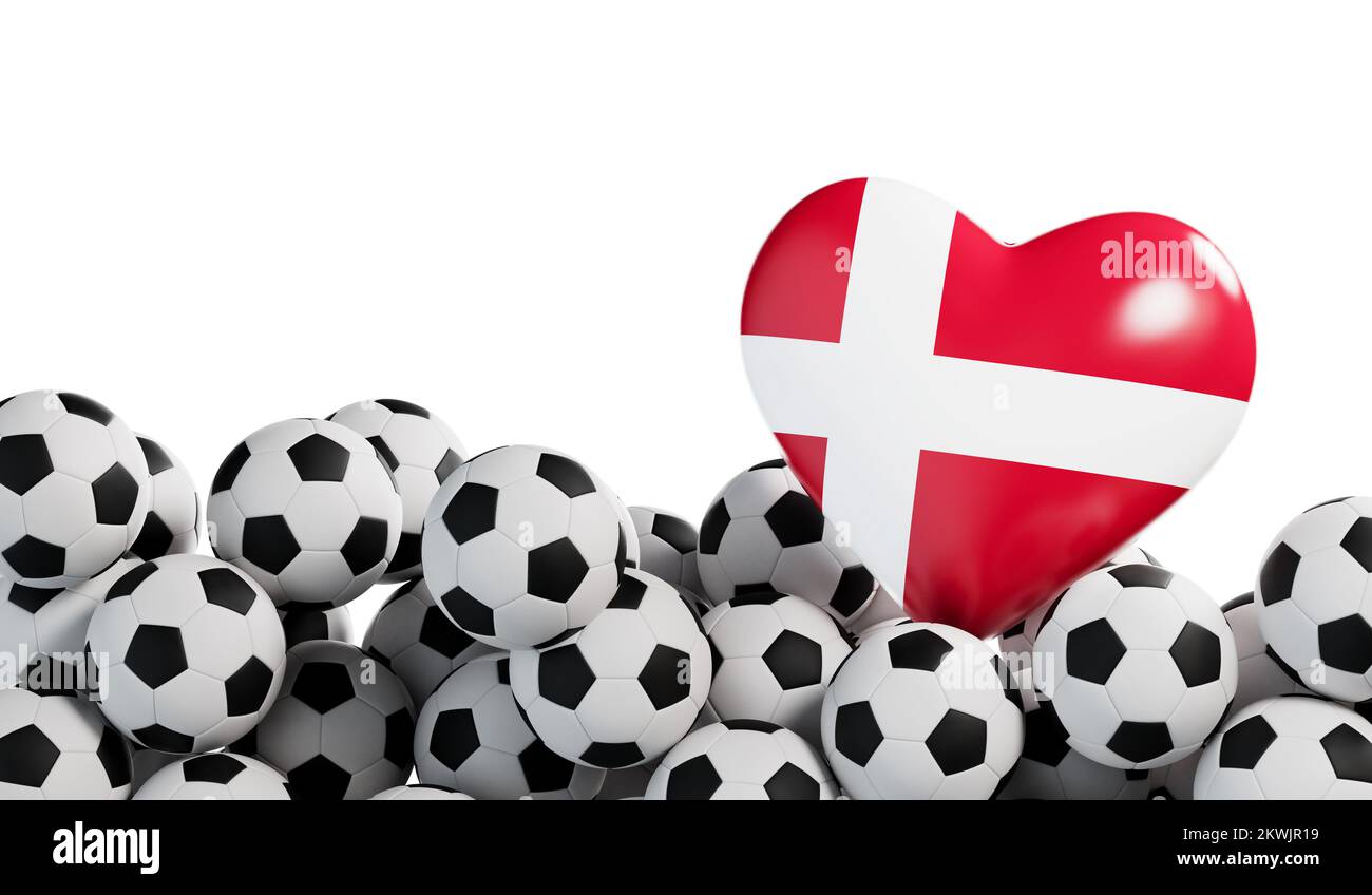 Denmark flag heart with a soccer ball background. Football banner. 3D Rendering Stock Photo