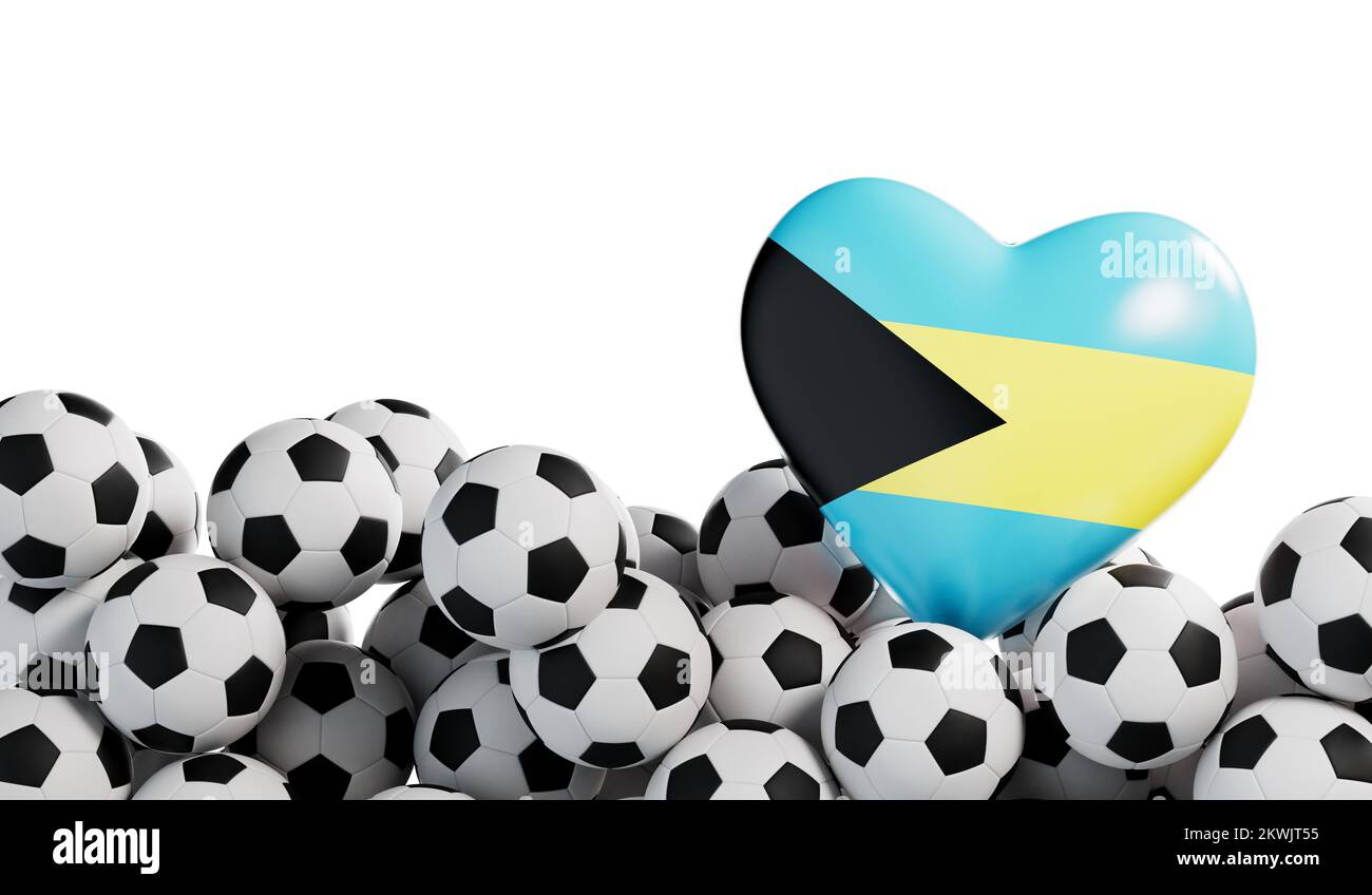 Bahamas flag heart with a soccer ball background. Football banner. 3D Rendering Stock Photo