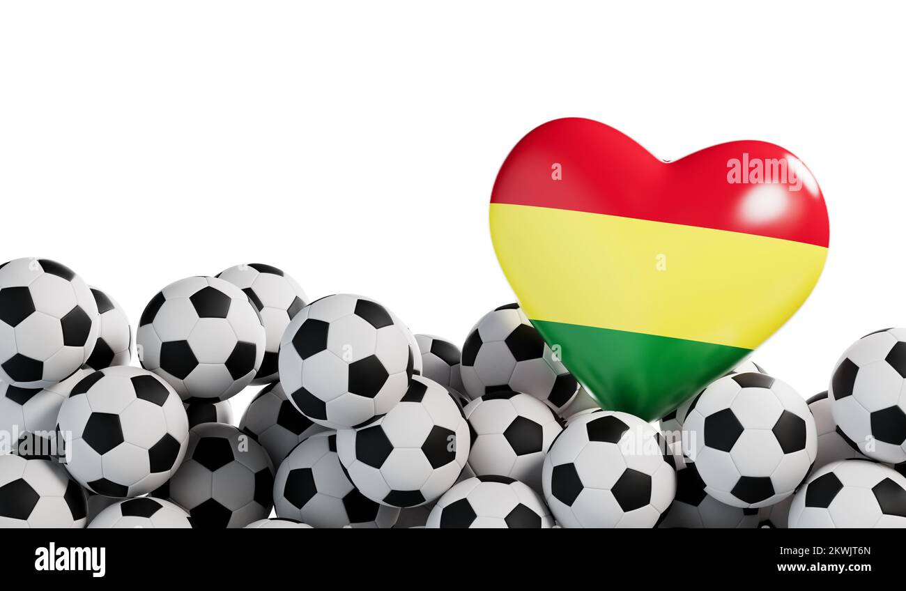 Bolivia flag heart with a soccer ball background. Football banner. 3D Rendering Stock Photo