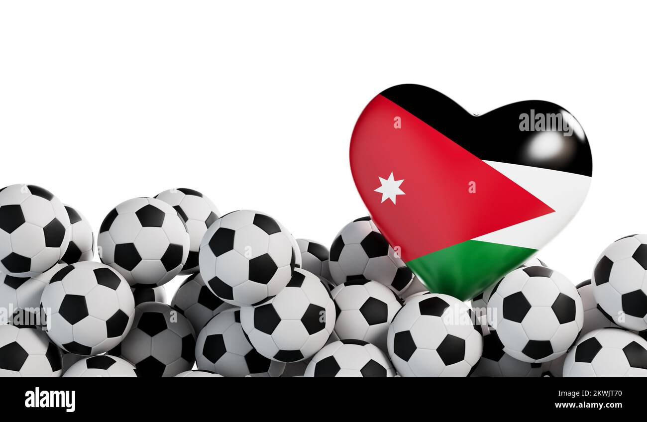Jordan flag heart with a soccer ball background. Football banner. 3D Rendering Stock Photo