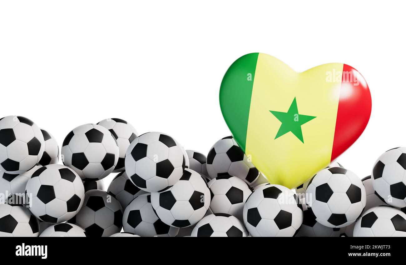 Senegal flag heart with a soccer ball background. Football banner. 3D Rendering Stock Photo