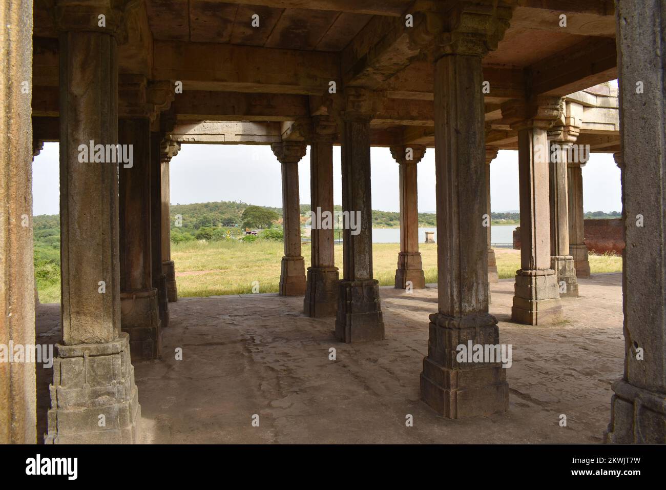 Khajuri Masjid, interior stone pillars ruins, Champaner-Pavagadh Archaeological Park, a UNESCO World Heritage Site, Gujarat, India Stock Photo