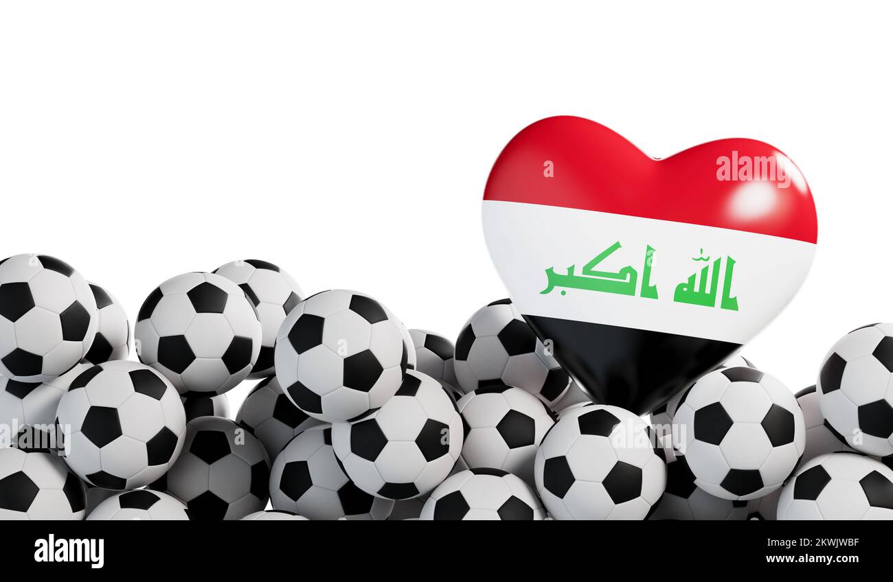Iraq flag heart with a soccer ball background. Football banner. 3D Rendering Stock Photo