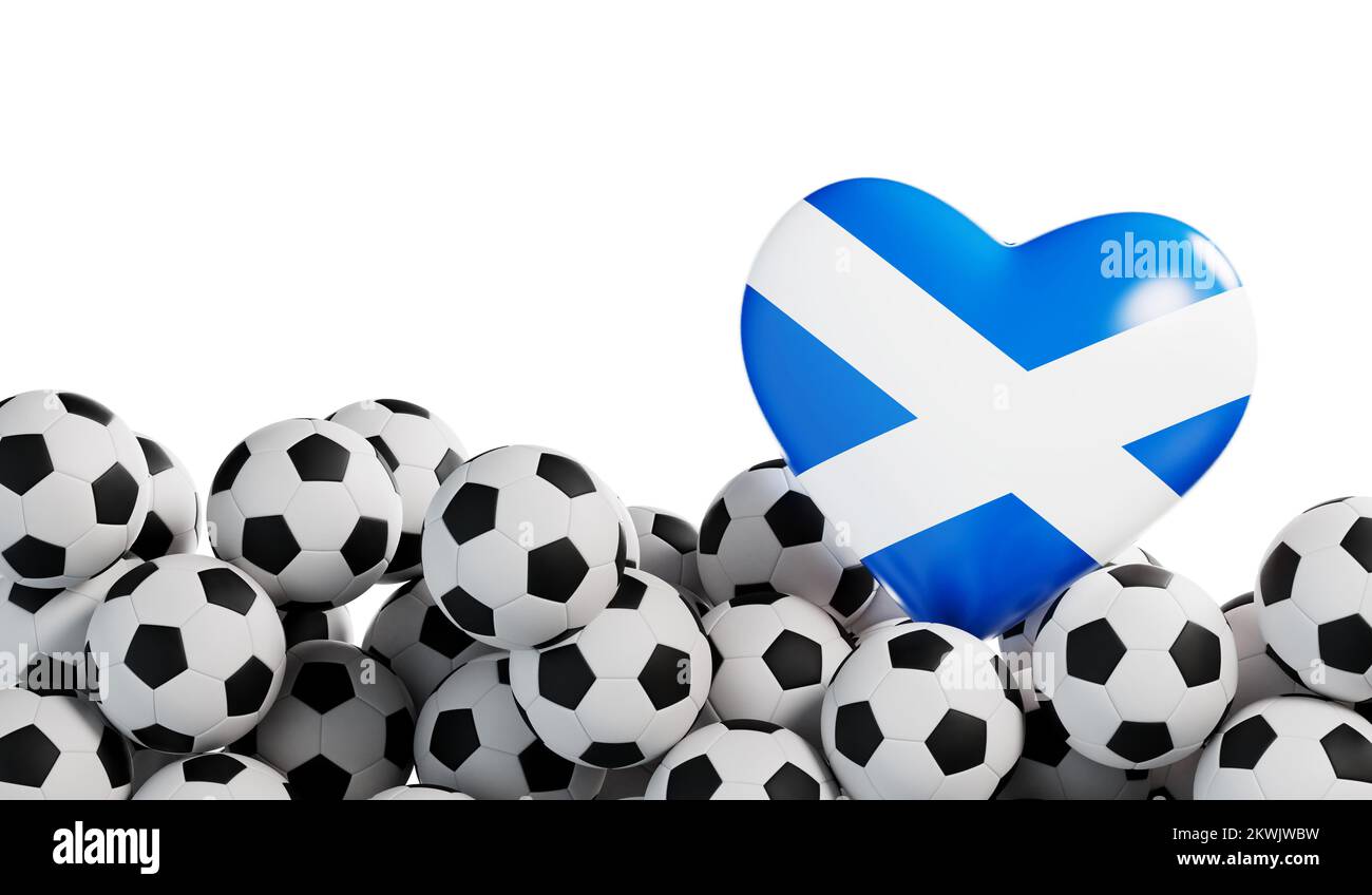 Scotland flag heart with a soccer ball background. Football banner. 3D Rendering Stock Photo