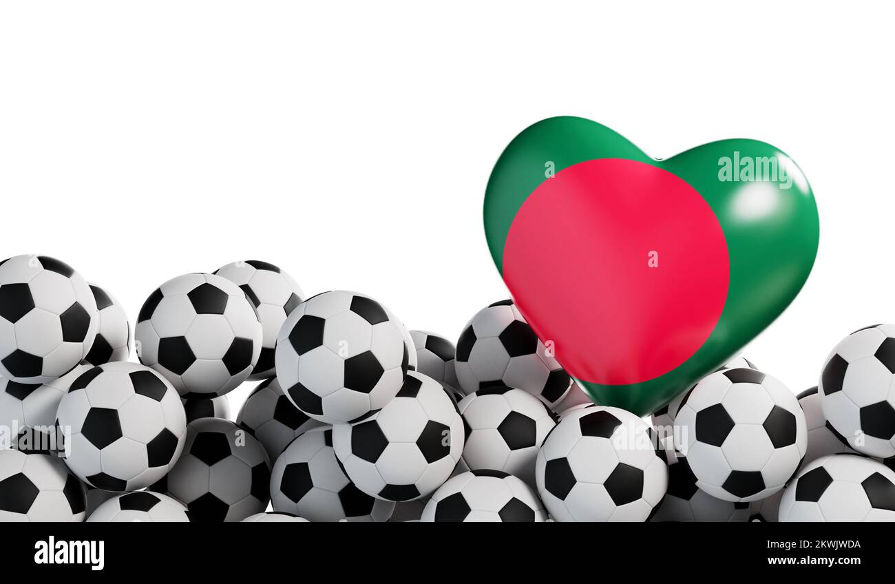 Bangladesh flag heart with a soccer ball background. Football banner. 3D Rendering Stock Photo