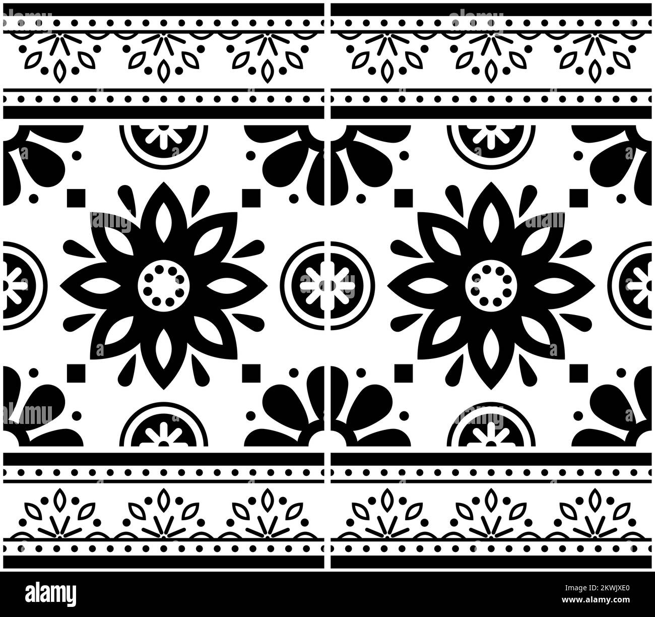 Portuguese Azulejo tiles seamless vector floral pattern with frame or border - decorative tile retro design with flowers in black and white Stock Vector