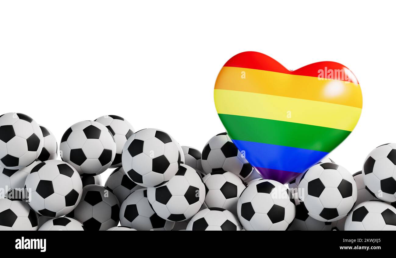 Gay pride flag heart with a soccer ball background. Football banner. 3D Rendering Stock Photo
