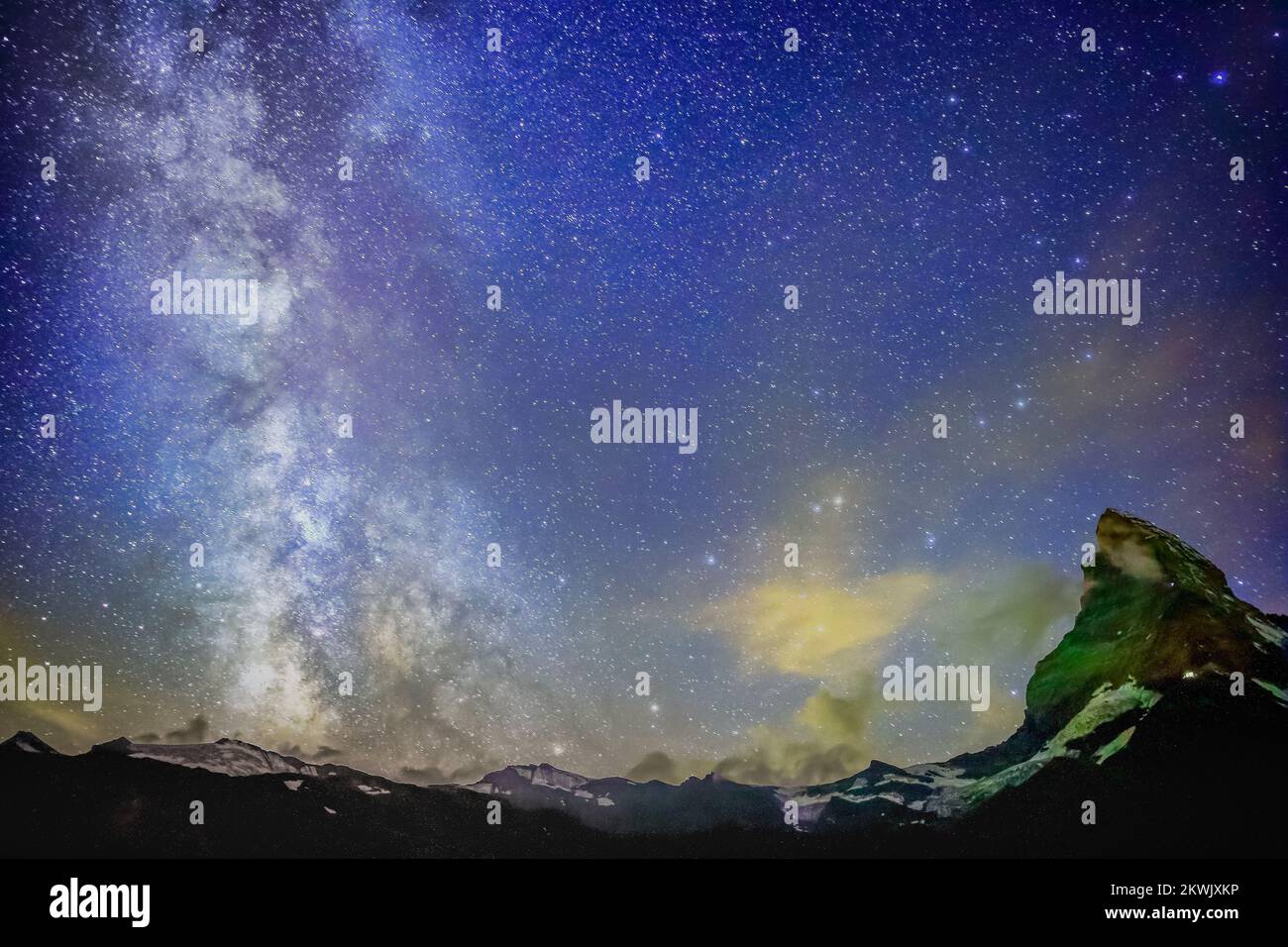 Milky Way galaxy above Matterhorn, Swiss Alps at night Stock Photo