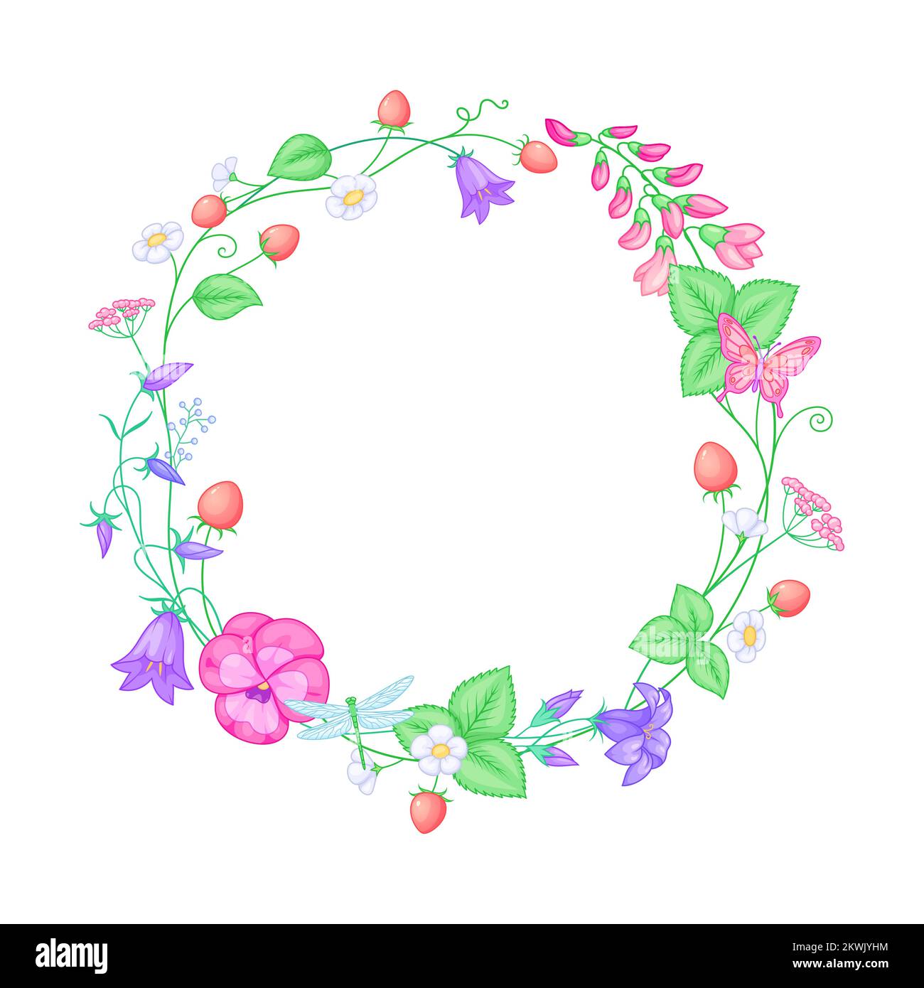 Beautiful summer flower wreath with flowers and berries. Vector ...