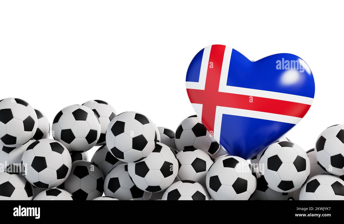 Iceland flag heart with a soccer ball background. Football banner. 3D Rendering Stock Photo