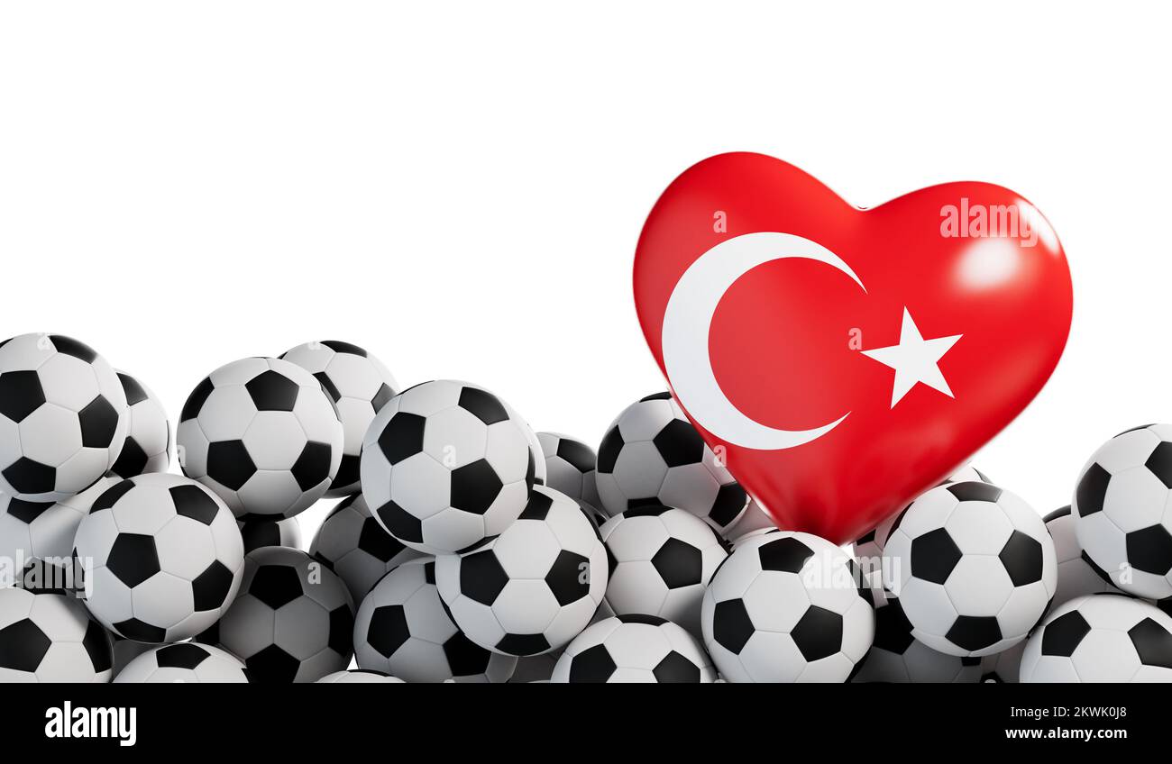 Turkey flag heart with a soccer ball background. Football banner. 3D Rendering Stock Photo