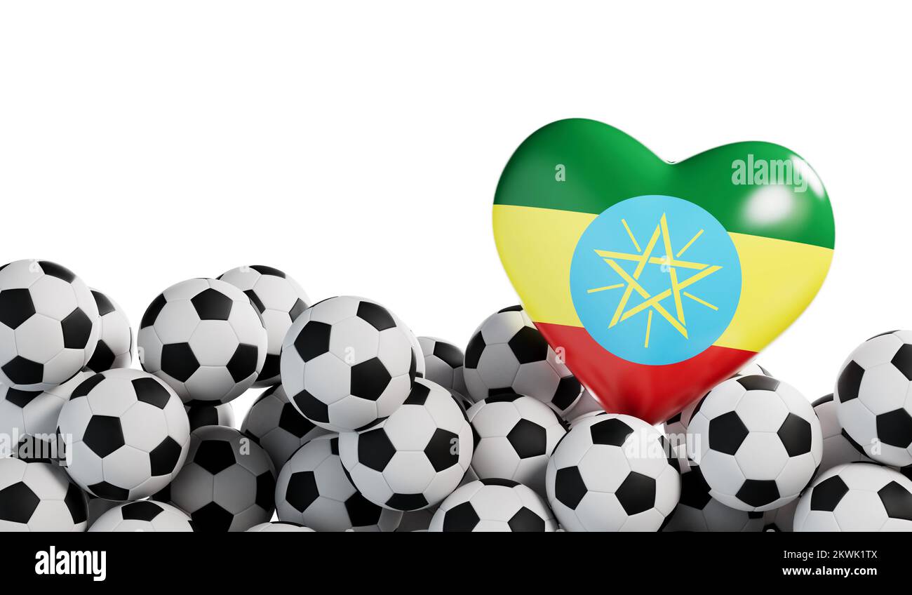 Ethiopia flag heart with a soccer ball background. Football banner. 3D Rendering Stock Photo
