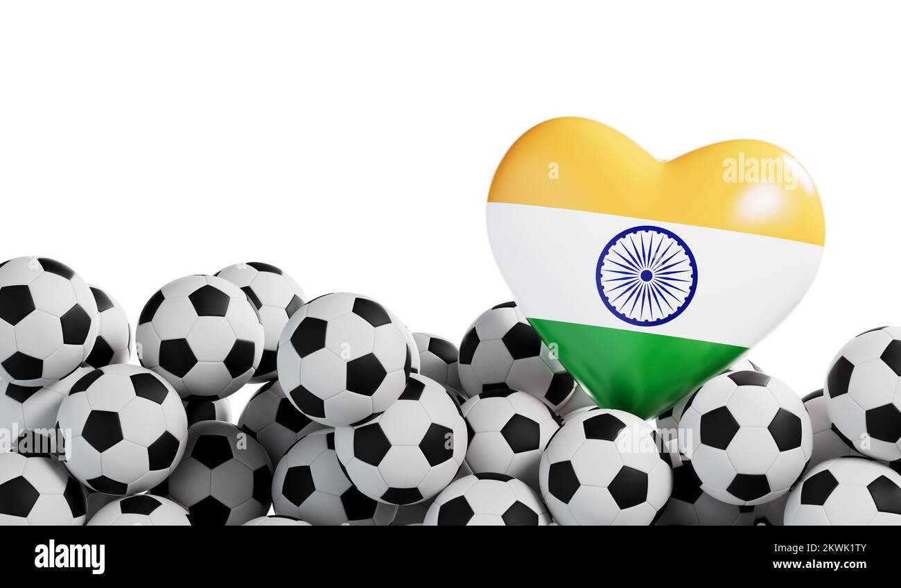 India flag heart with a soccer ball background. Football banner. 3D Rendering Stock Photo