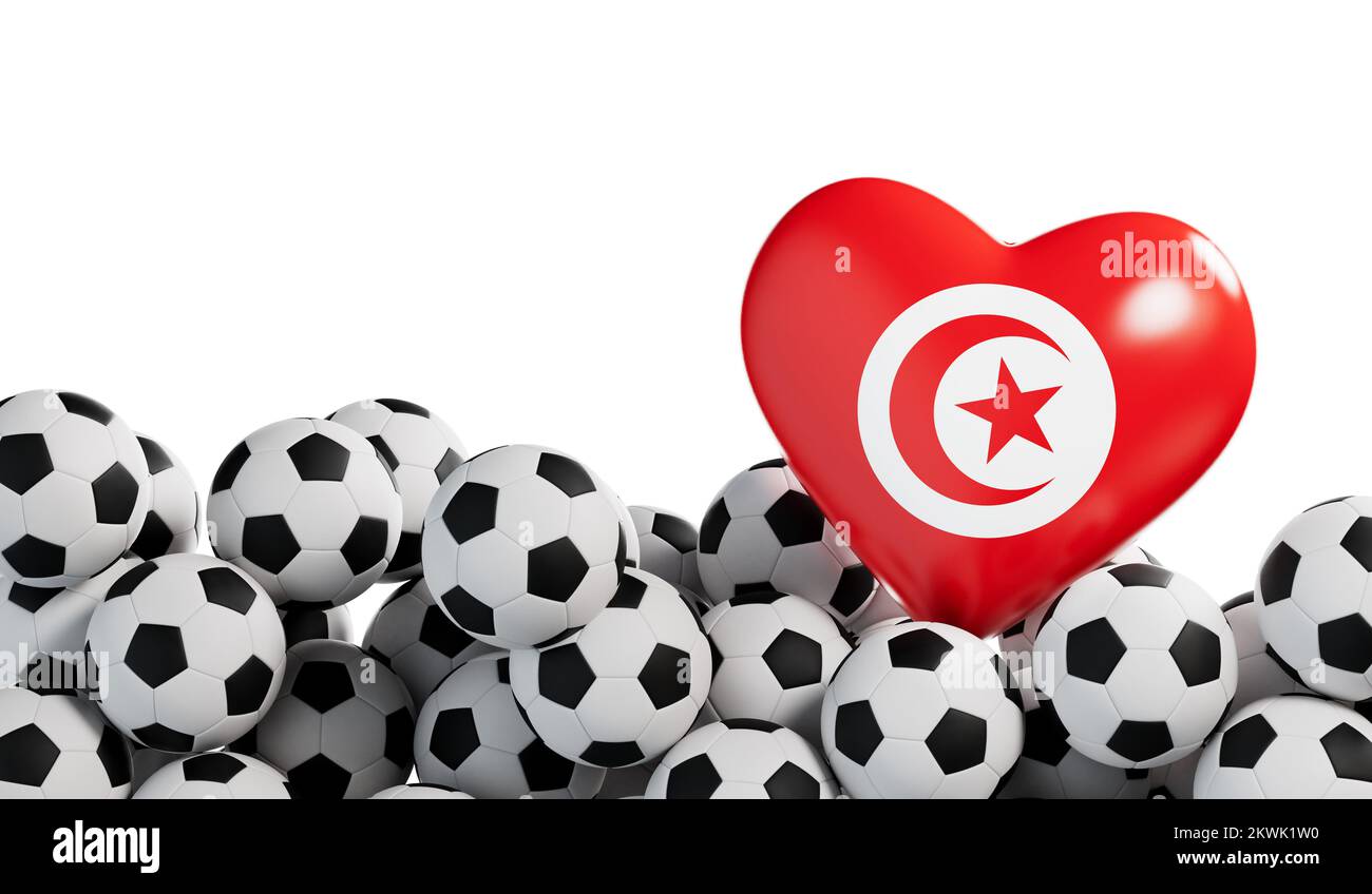 Tunisia flag heart with a soccer ball background. Football banner. 3D Rendering Stock Photo