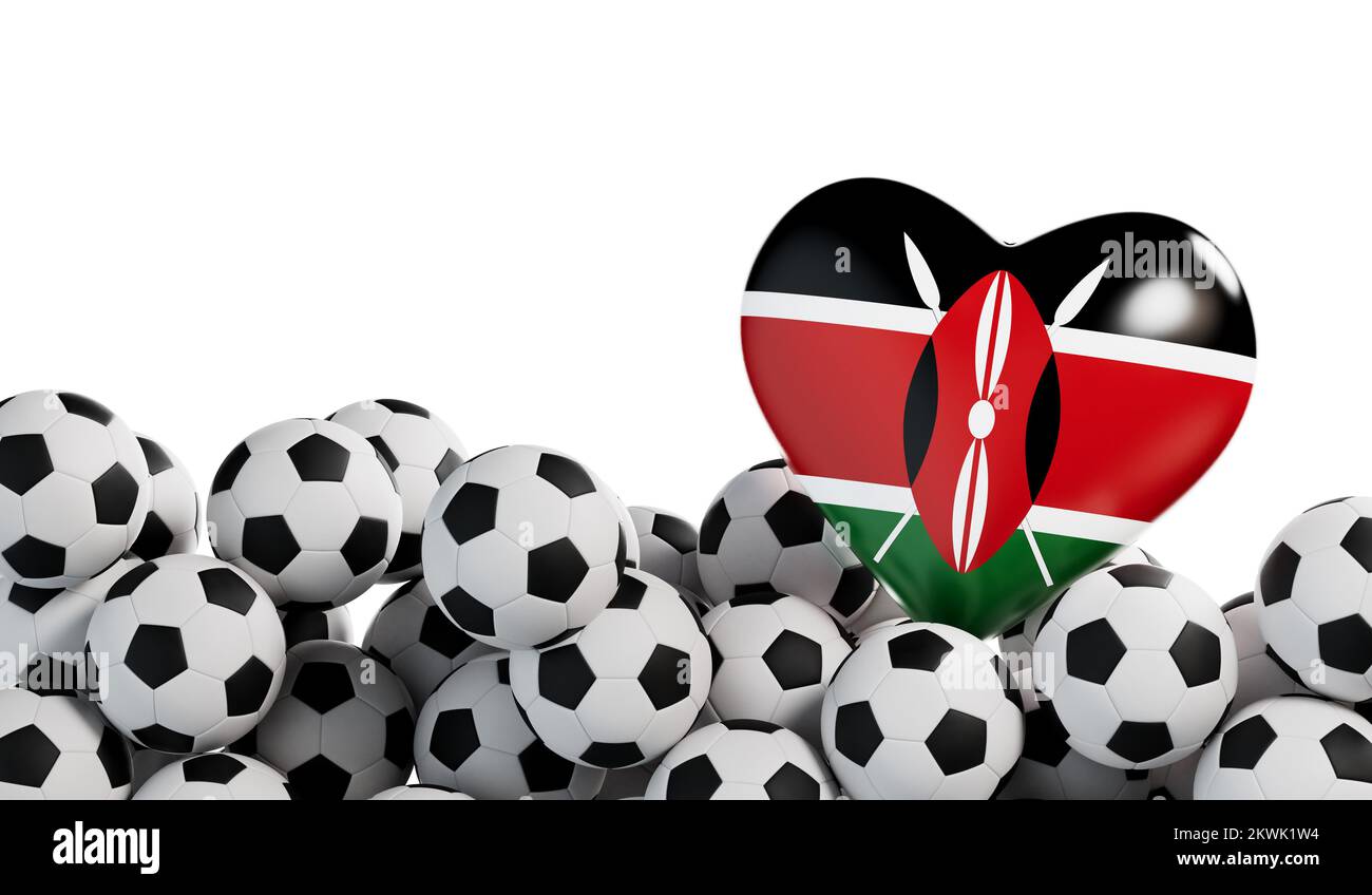 Kenya flag heart with a soccer ball background. Football banner. 3D Rendering Stock Photo
