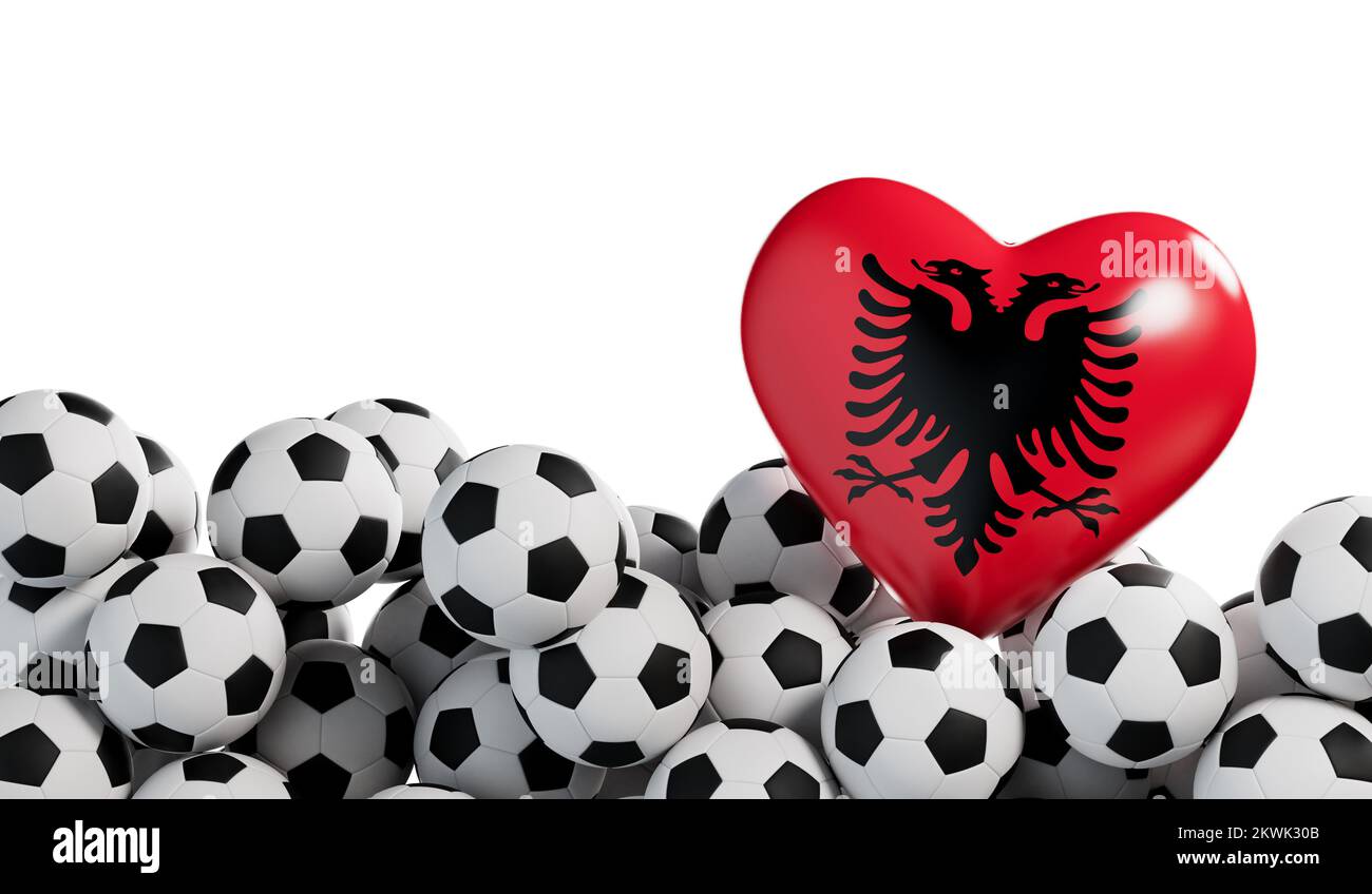 Albania flag heart with a soccer ball background. Football banner. 3D Rendering Stock Photo
