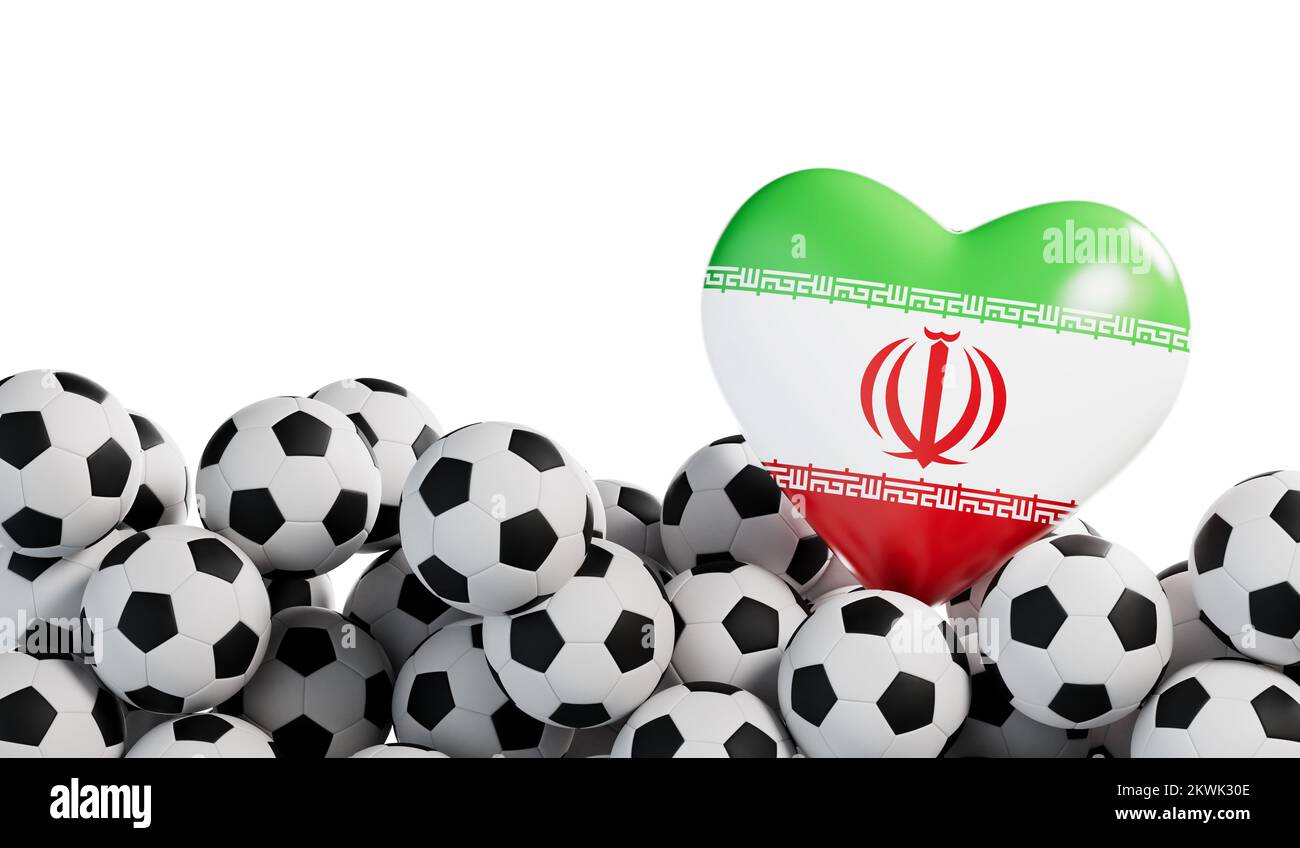 Iran flag heart with a soccer ball background. Football banner. 3D Rendering Stock Photo