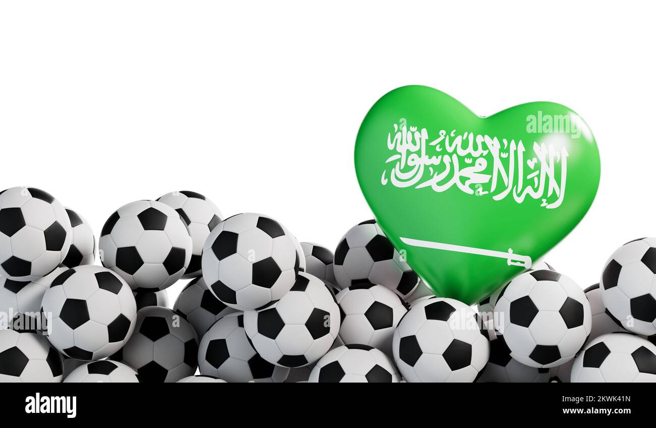Saudi arabia flag heart with a soccer ball background. Football banner. 3D Rendering Stock Photo