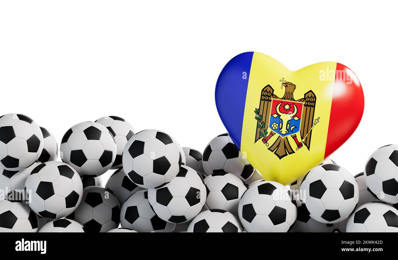 Moldova flag heart with a soccer ball background. Football banner. 3D Rendering Stock Photo