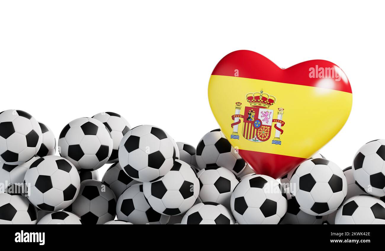Spain flag heart with a soccer ball background. Football banner. 3D Rendering Stock Photo