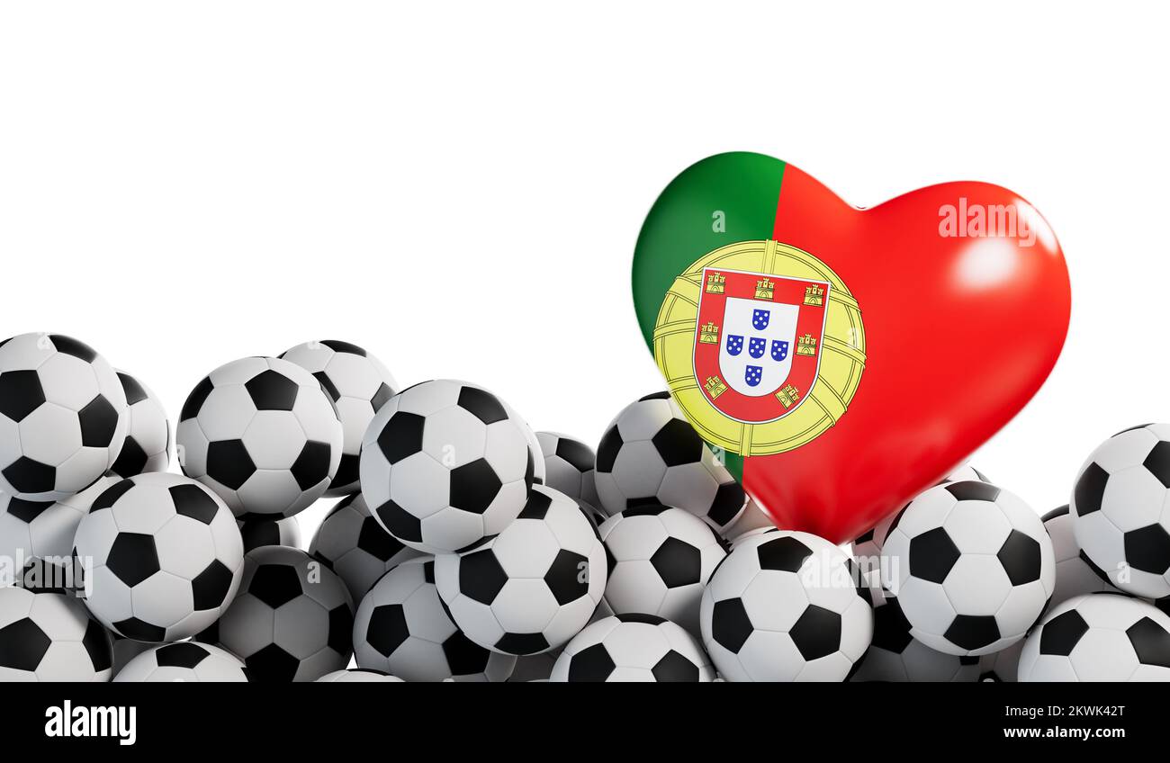 Portugal flag heart with a soccer ball background. Football banner. 3D Rendering Stock Photo