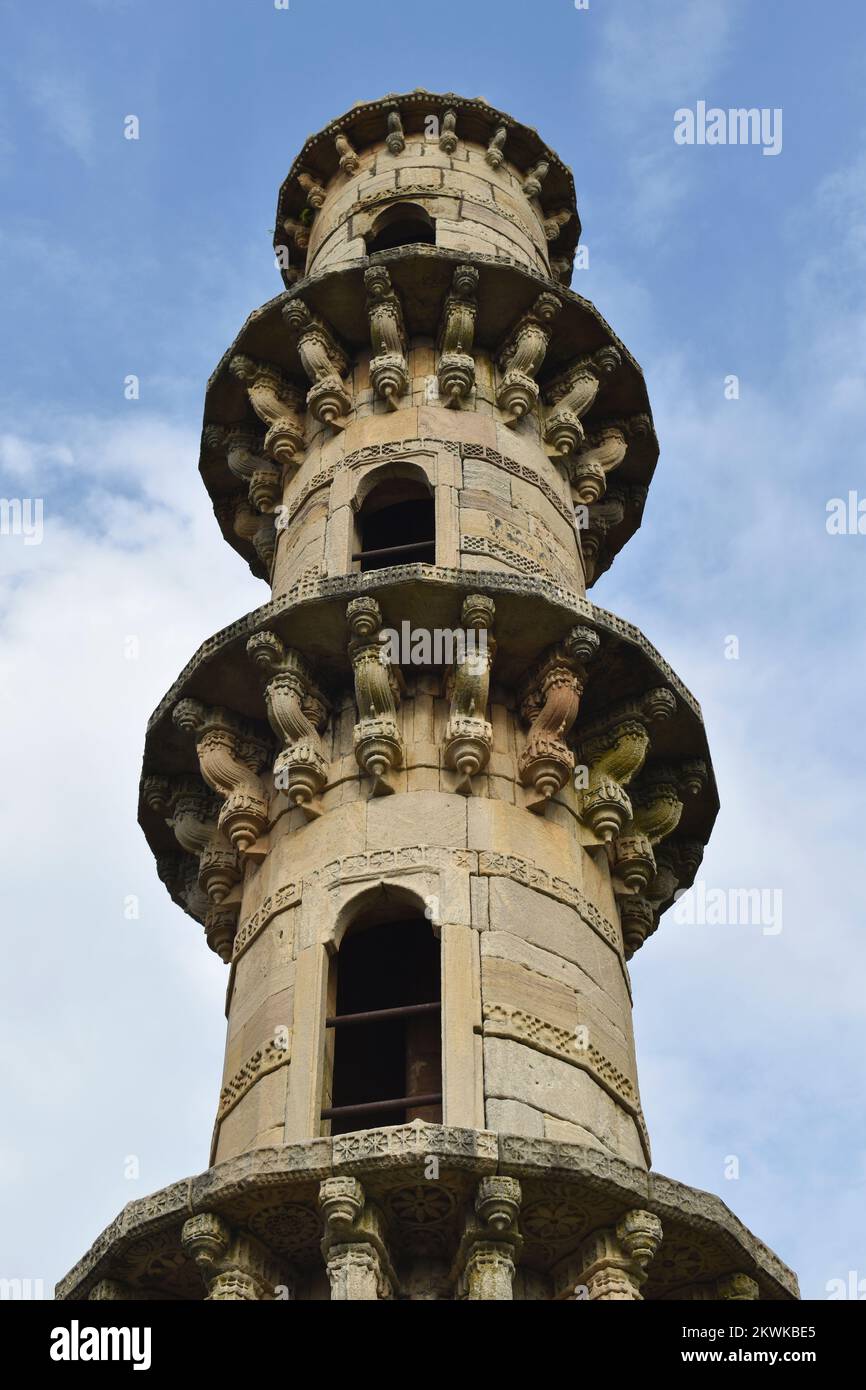 Ek Minar ki Masjid - single minaret mosque, Minar Close up, One of the beautiful Masjid in chamapaner, Built in stone with carvings details of archite Stock Photo