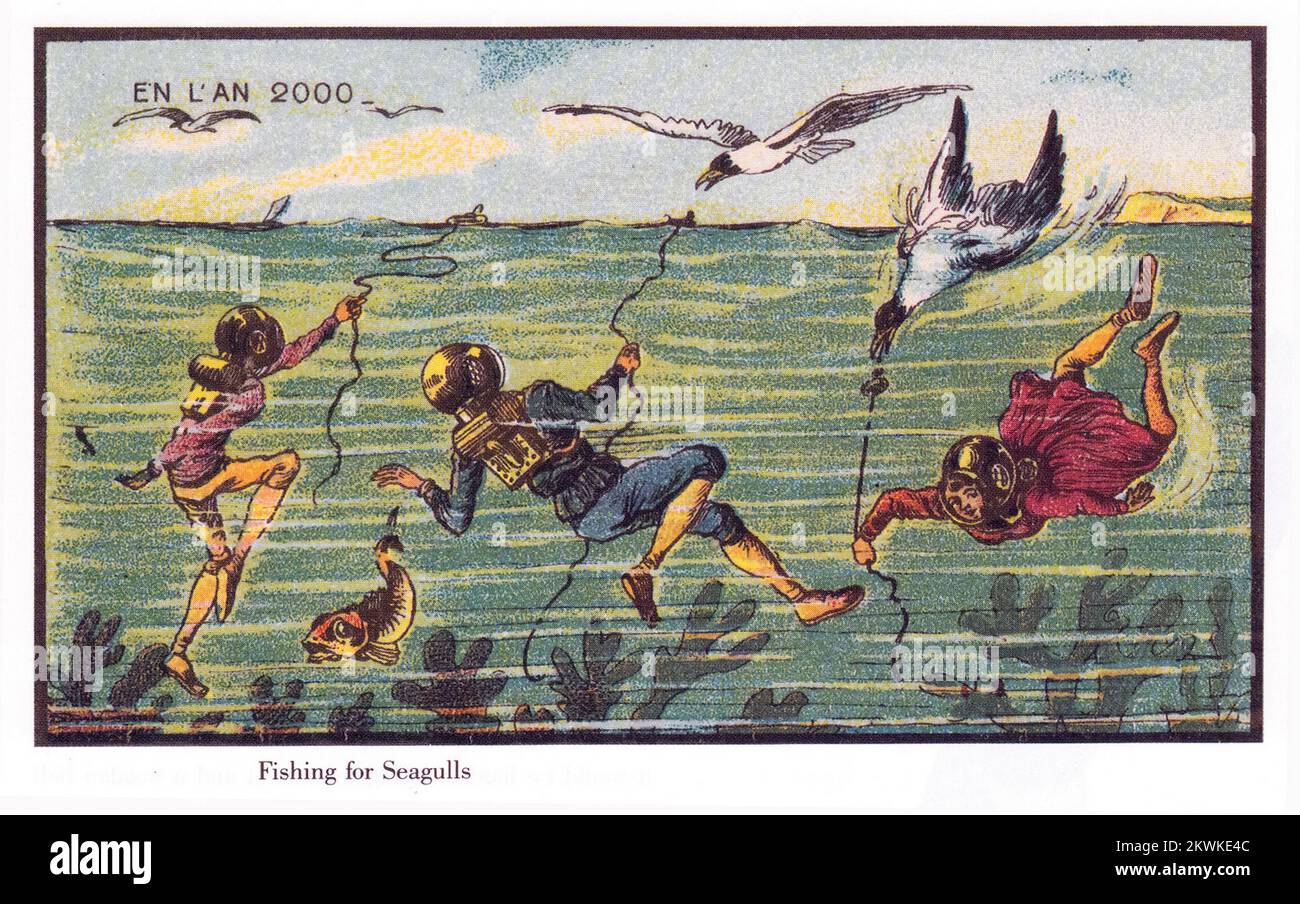 Fishing for Seagulls from the series France En L'an 2000 France in the Year 2000 (XXI century) a series of futuristic pictures by Jean-Marc Côté and other artists issued in France in 1899, 1900, 1901 and 1910. Originally in the form of paper cards enclosed in cigarette/cigar boxes and, later, as postcards, the images depicted the world as it was imagined to be like in the year 2000. Stock Photo