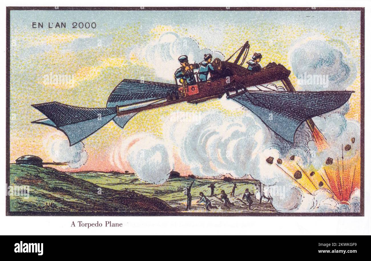 Torpedo Plane from the series France En L'an 2000 France in the Year 2000 (XXI century) a series of futuristic pictures by Jean-Marc Côté and other artists issued in France in 1899, 1900, 1901 and 1910. Originally in the form of paper cards enclosed in cigarette/cigar boxes and, later, as postcards, the images depicted the world as it was imagined to be like in the year 2000. Stock Photo
