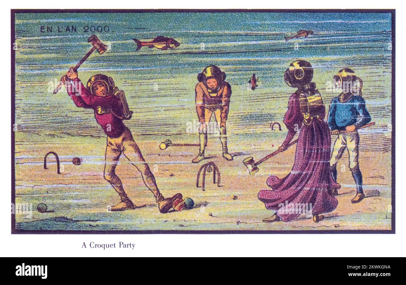Underwater Croquet from the series France En L'an 2000 France in the Year 2000 (XXI century) a series of futuristic pictures by Jean-Marc Côté and other artists issued in France in 1899, 1900, 1901 and 1910. Originally in the form of paper cards enclosed in cigarette/cigar boxes and, later, as postcards, the images depicted the world as it was imagined to be like in the year 2000. Stock Photo