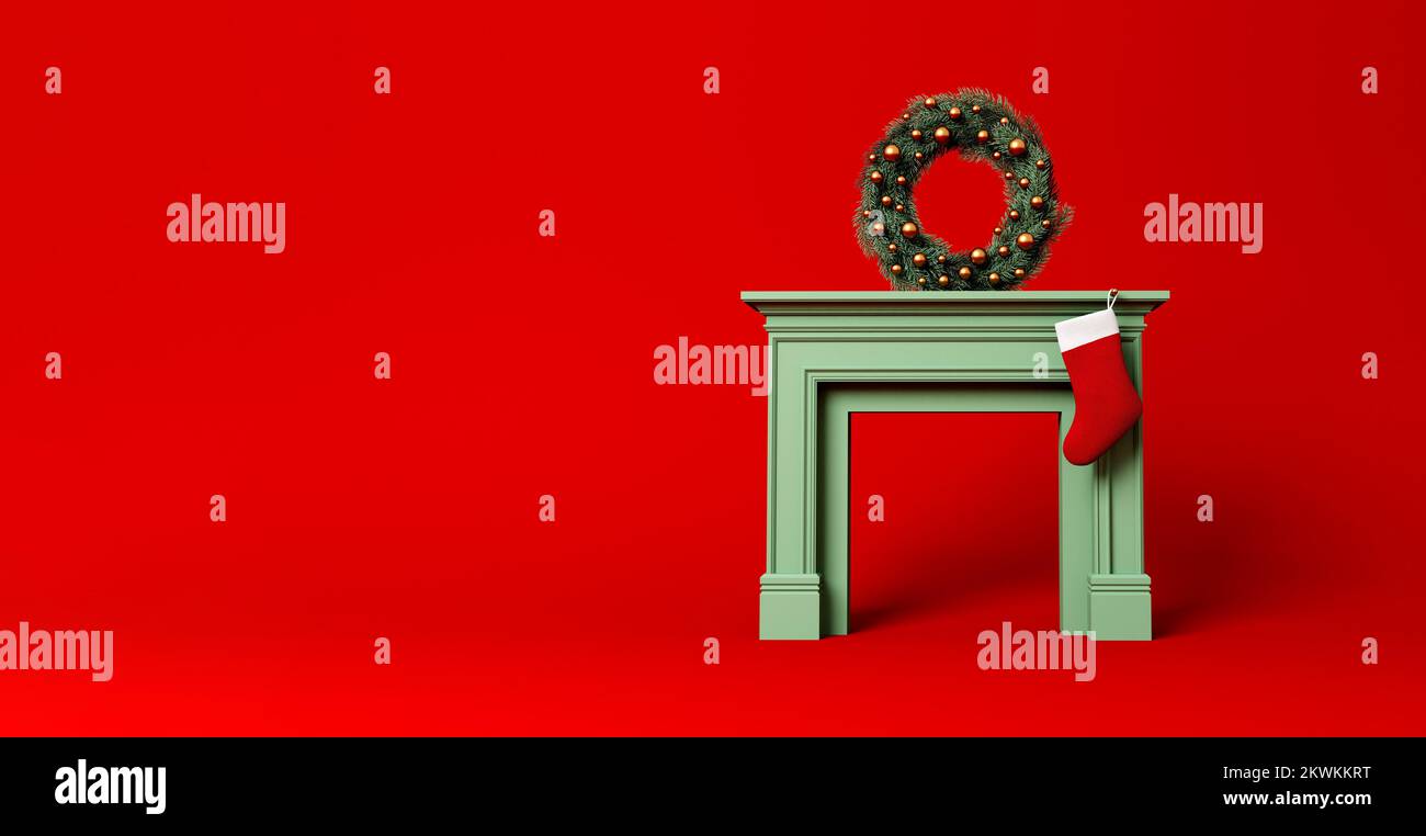 Festive stocking hanging from a fireplace at Christmas with wreath. Minimal design. 3D Rendering Stock Photo
