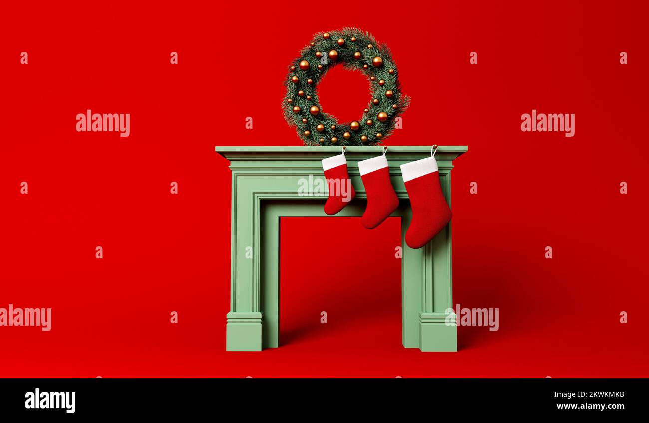 Festive stocking hanging from a fireplace at Christmas with wreath. Minimal design. 3D Rendering Stock Photo