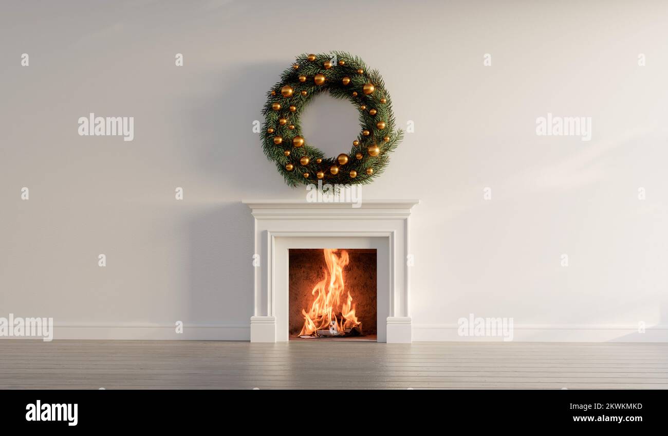 Festive christmas wreath above a fireplace with roaring fire. 3D