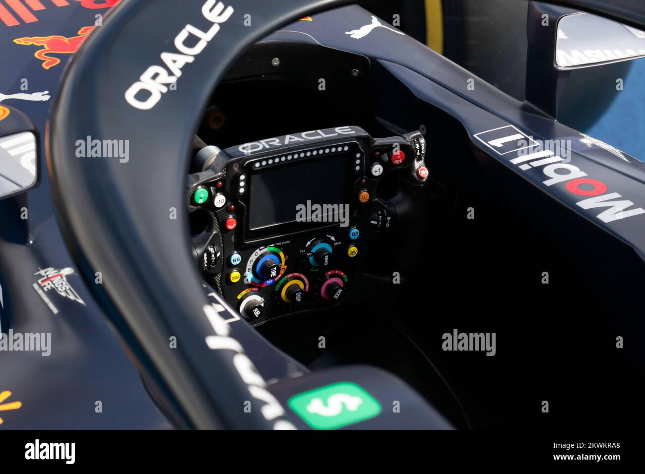 View of the Cockpit and Steering Wheel of Redbull Racing 2021 Formula One Car Driven by Sergio Pérez  and  Max Verstappen Stock Photo