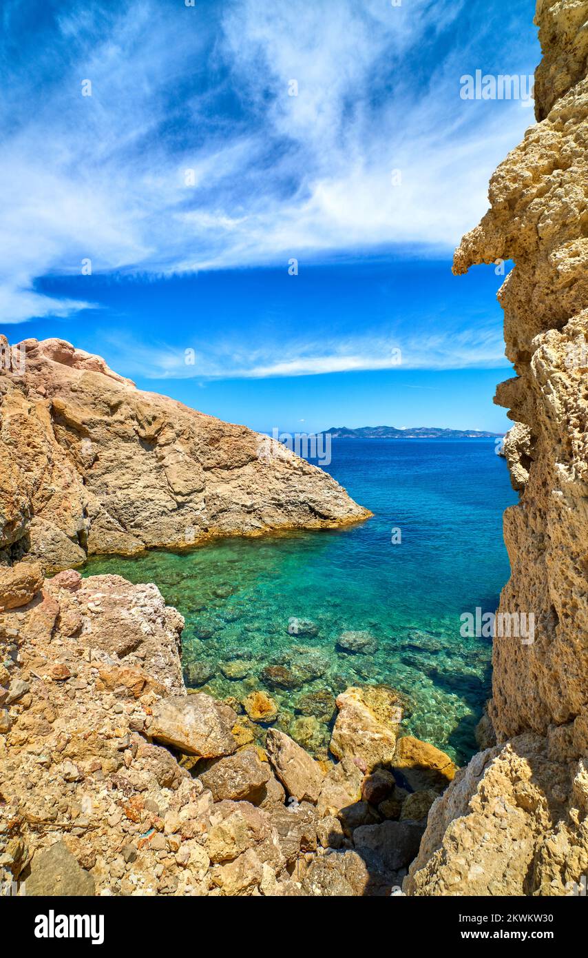 Greek island landscape, limestone cliffs azure sea, blue sky, vacation ...