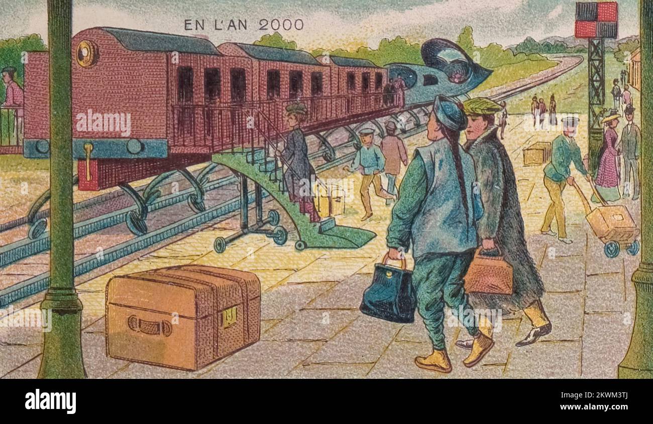 Electric Trains from the series France En L'an 2000 France in the Year 2000 (XXI century) a series of futuristic pictures by Jean-Marc Côté and other artists issued in France in 1899, 1900, 1901 and 1910. Originally in the form of paper cards enclosed in cigarette/cigar boxes and, later, as postcards, the images depicted the world as it was imagined to be like in the year 2000. Stock Photo