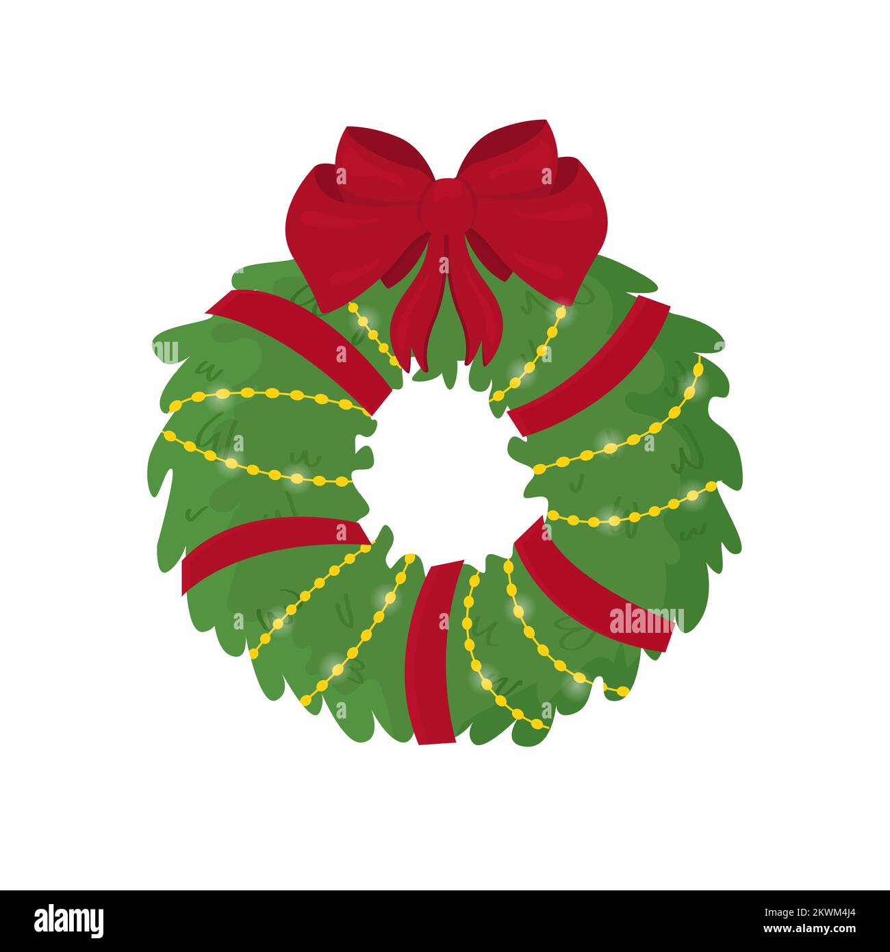 Christmas wreath with round luminous garlands and red ribbons