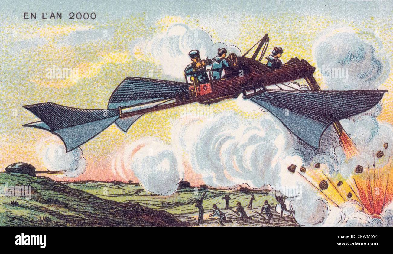 Torpedo Plane from the series France En L'an 2000 France in the Year 2000 (XXI century) a series of futuristic pictures by Jean-Marc Côté and other artists issued in France in 1899, 1900, 1901 and 1910. Originally in the form of paper cards enclosed in cigarette/cigar boxes and, later, as postcards, the images depicted the world as it was imagined to be like in the year 2000. Stock Photo